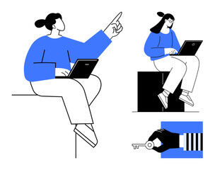 Wall Mural - Individuals working on laptops, one pointing upward, a hand holding a key. Ideal for teamwork, access, creativity, digital learning, problem-solving goal-setting innovation. Simple flat metaphor