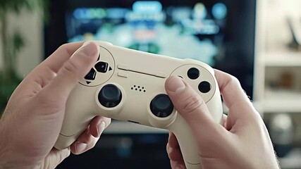 Hands holding a white wireless controller playing a videogame on a tv screen
