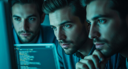 Close-up of three men intently focused on a computer screen displaying code, showcasing teamwork and concentration in a technological setting