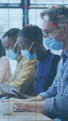 Wall Mural - animation of financial data processing over diverse businesspeople in face masks in office