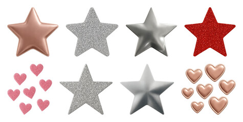 Wall Mural - PNG Shiny metallic stars hearts, element set on transparent background