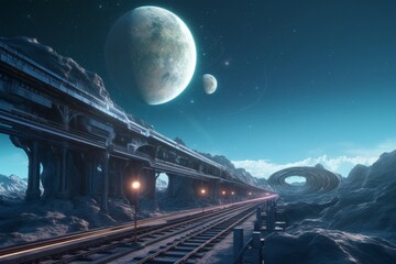 Wall Mural - A galactic train station orbiting Earth with planets passing by, dreamy sci-fi 