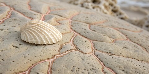 A beige seashell rests on cracked, light-brown rock, outlined with reddish veins. Soft, diffused light illuminates the textured surface, creating a calm, natural ambiance. Close-up, slightly angled