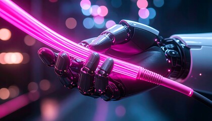 Futuristic robot hand holding glowing fiber optic cable