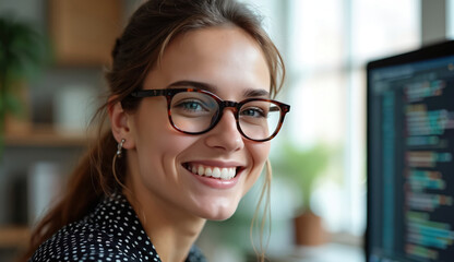 Smiling young woman wearing glasses, coding on computer. Happy female programmer, student learning software development at modern desk. Creative youth, digital workspace, tech education, online