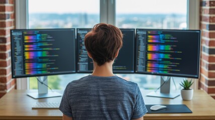 A person sits at a desk with multiple monitors displaying colorful code, immersed in programming in a bright, modern workspace.