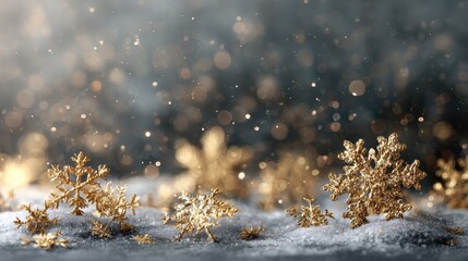 Wall Mural - golden snowflakes falling on snowy ground winter wonderland background holiday card