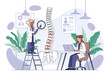 © meeblues - Flat style illustration of chiropractor treatment with doctor examining spine and patient sitting at desk, highlighting back pain therapy, posture correction, and medical healthcare concept