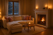 © Ana River - Winter interior. The cozy atmosphere of the room, candles/fireplace, festive decorations, stylish interior in rustic style