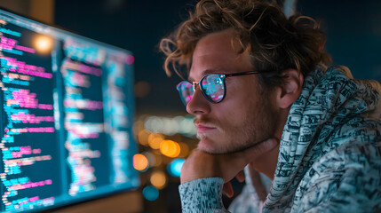 A focused programmer working late at night, surroundd by lines of code, lookin at a large screen displayng programming code.
