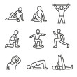 © vVadim - Mobility Training Icons. Line style icons of mobility and recovery training: foam rolling legs, hip opener pose, shoulder mobility