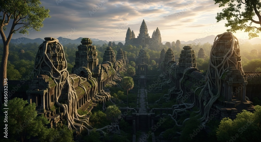 Ancient Temple Ruins Overgrown with Giant Tree Roots in Dense Jungle at ...