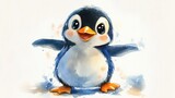 happy little penguin watercolor cartoon, waving, white background