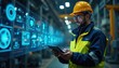 © Viktor - Engineer uses tablet with holographic 5G interface for remote industrial equipment diagnostics. Advanced connectivity enables manufacturing automation, production monitoring, process management.