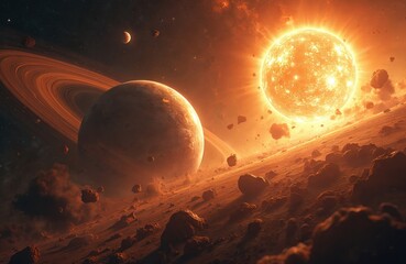 Wall Mural - Vast orange space scene. Ringed planet orbits fiery sun. Asteroids drift across desolate rocky foreground. Cosmic collision artwork illustrates universe formation, celestial energy.