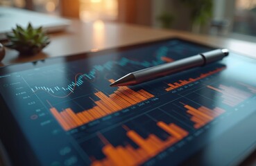 Tablet screen displays digital analytics charts showing real estate growth trends. Stylus pen rests on screen. Brokers use tool for market forecasting, economic analysis, business planning,