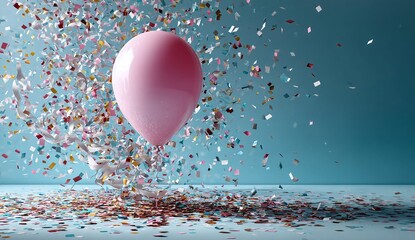 Pink balloon and colorful confetti exploding to celebrate a happy, fun party moment.