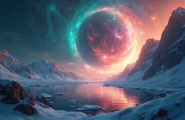 Wall Mural - Abstract illustration features glorious galaxy rising from surface of ocean planet, surrounded by snow-capped mountains, calm sea. Colorful nebula, cosmic explosion effect, aurora lights create