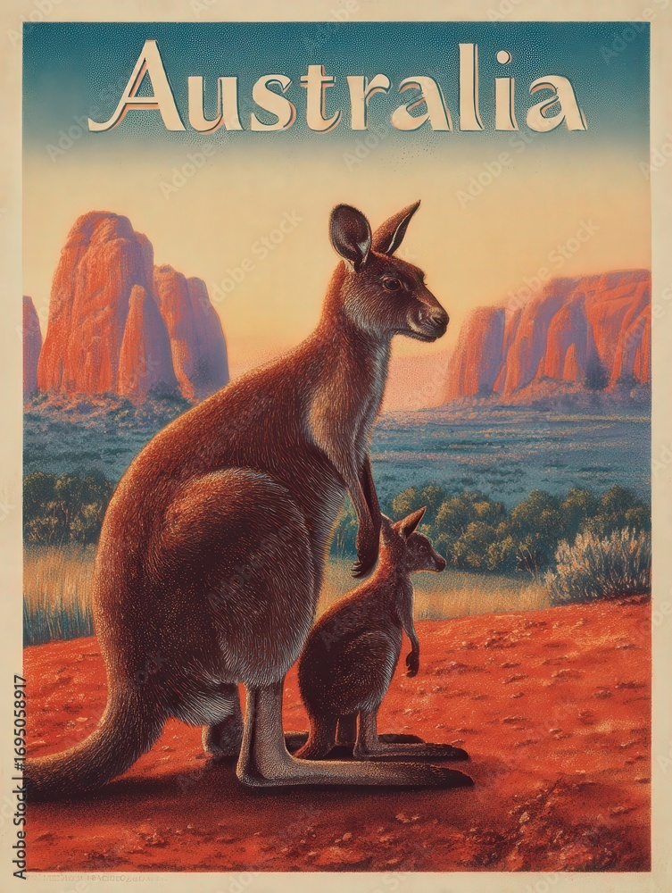 A kangaroo stands protectively beside its joey in a picturesque Australian landscape. The backdrop features striking red rock formations and a colorful sunset, illustrating the beauty of nature.