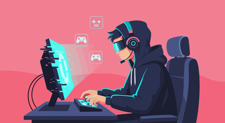 Gamer immersed in virtual world, esports competition, professional player streams video game