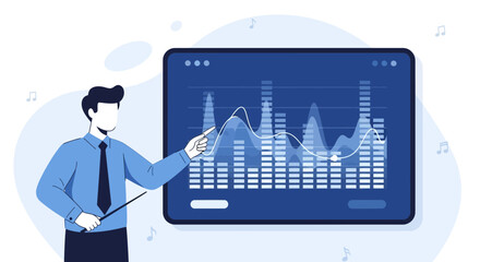 Illustration of a man presenting data analysis and insights on a digital screen