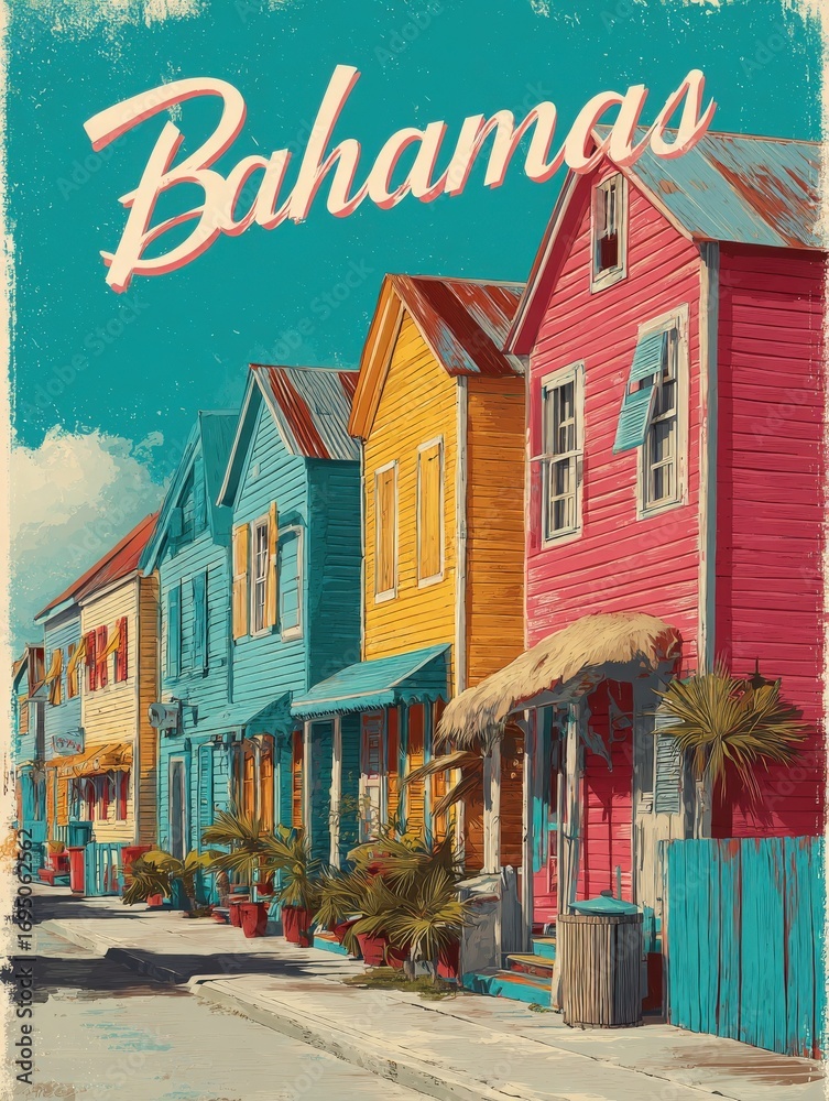 Vibrant and colorful houses with wooden siding create a lively atmosphere in a tropical Bahamian village. Palm trees adorn the sidewalks, reflecting the sunny, carefree lifestyle of the area.