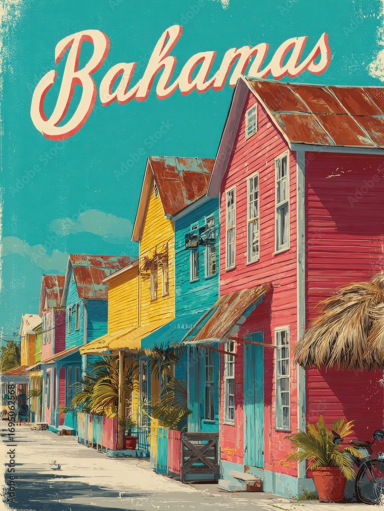 Vividly painted wooden houses in shades of pink, yellow, and blue stand under a clear turquoise sky in the Bahamas. Lush greenery and tropical plants adorn the street, enhancing its charm.