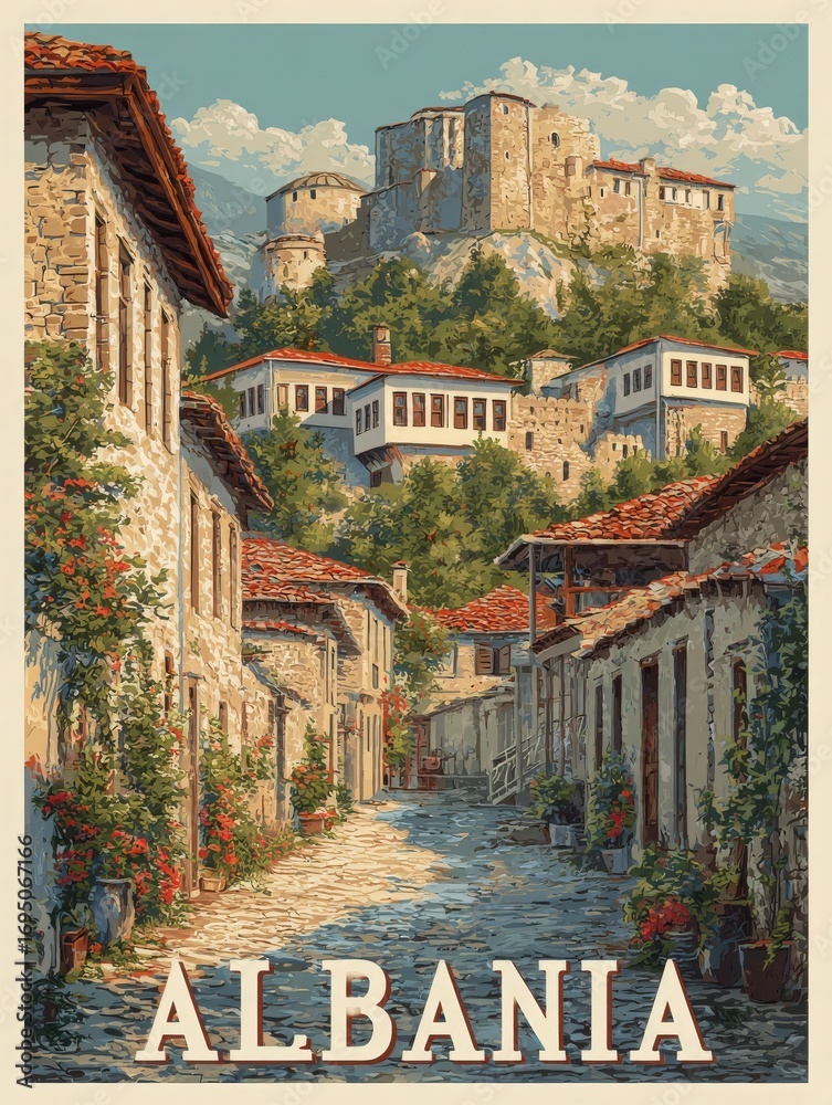 Cobblestone streets wind through the picturesque village of Berat, showcasing traditional houses with red-tiled roofs and a stunning castle atop the hill. Lush greenery surrounds the area.