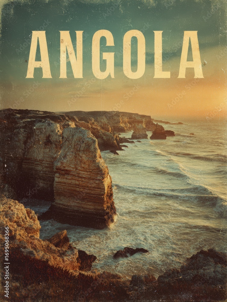 The rugged cliffs of Angola meet the ocean as the sun sets, casting a warm glow over the landscape. Waves crash against the rocks, creating a tranquil atmosphere that invites exploration.