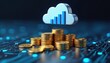 © Viktor - Illustration of stacks of gold coins, cloud icon with bar graph, cost reduction, optimization in cloud computing environments. Visual represents financial management, expense control, efficient
