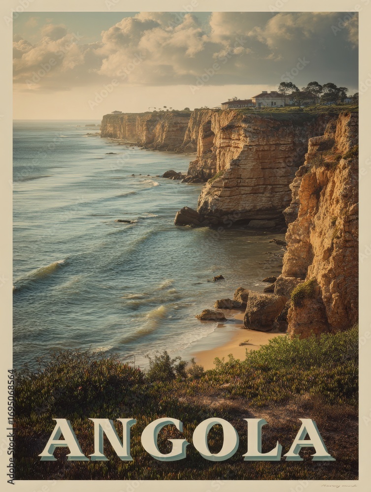 The coastline of Angola is shown with layered sandstone cliffs overlooking the ocean. Gentle waves lap at the base of the cliffs, with lush vegetation in the foreground under cloudy skies.