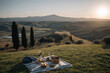 © Giorgi - delightful picnic on lush green hill overlooking picturesque landscapes of tuscany