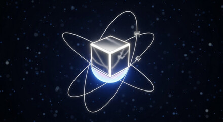 Futuristic cube with glowing orbits around it, representing advanced technology and scientific innovation concept
