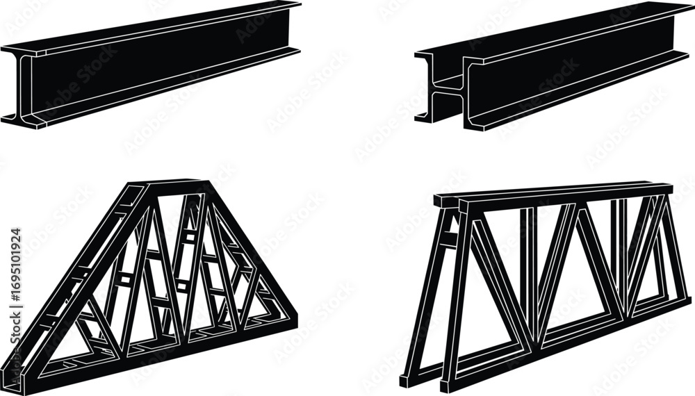 Vector illustration of steel beams and trusses including I-beam, H-beam ...