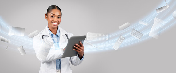 African American doctor is joyfully engaging with a tablet, surrounded by an array of medications floating in background. The healthcare environment highlights the fusion of technology and medicine.