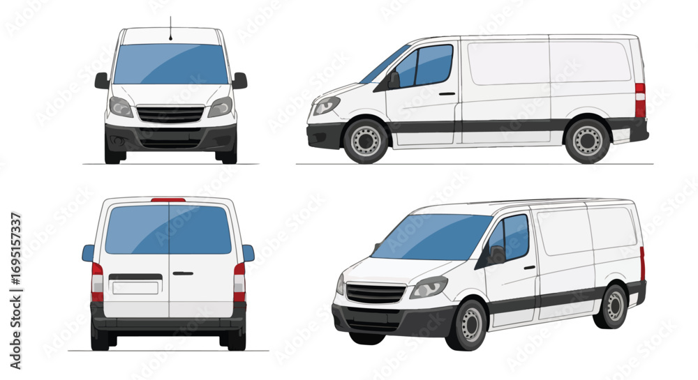 Set of vector illustrations showing a commercial cargo van from ...