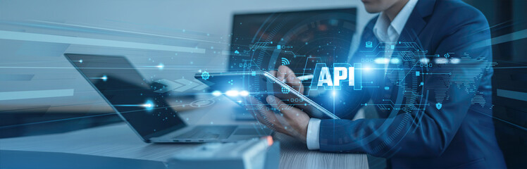 Software integration, seamless connectivity Businessman using tab with analysis data of growth to API solutions global connection, data exchange, application interoperability, backend services