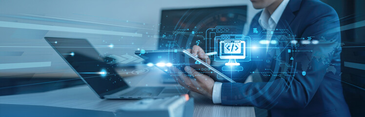 Coding frameworks, responsive design Businessman using tab with analysis data of growth to web development global connection, front-end solutions, application building, digital platforms