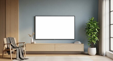  Modern living room with blank TV screen ready for your content, peaceful design for home decor
