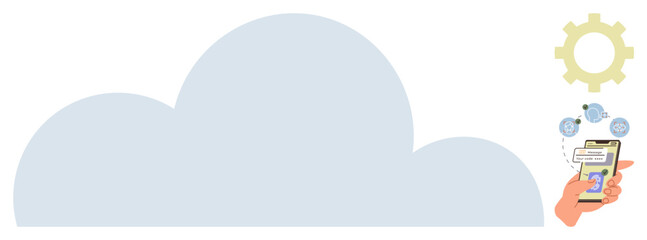 Large cloud with a hand holding a smartphone, data transfer icons, and a gear representing automation. Ideal for technology, innovation, software, integration, cloud solutions, automation mobile