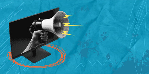 Expressing your thoughts on the Internet. A man with a megaphone on a computer monitor. Inspiration, idea, fashionable city magazine. Negative space for text or advertising.