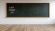 © MMerellinn - Large wooden framed green chalkboard with a heartfelt 'Happy Teachers Day' message written in white chalk inside an empty bright school classroom.