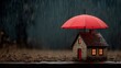© M.IVA - House sheltered by red umbrella in rainy weather