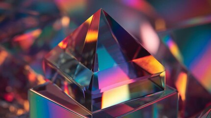 Close up of a glass pyramid refracting light with vibrant colors and bokeh background effect shown