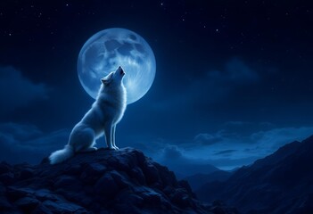 A wolf howls at a full moon on a rocky mountain peak under a starry night sky with a dark, mystical mood.