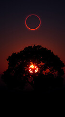 Wall Mural - Silhouetted Tree at Sunset with Glowing Celestial Ring in Night Sky vertical