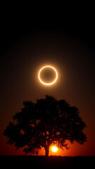 Wall Mural - Silhouetted Tree at Sunset with Glowing Celestial Ring in Night Sky vertical
