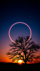 Wall Mural - Silhouetted Tree at Sunset with Glowing Celestial Ring in Night Sky vertical