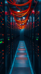 Wall Mural - futuristic server farm with glowing orange cables vertical