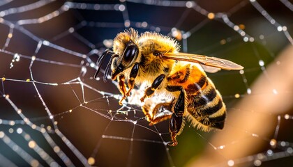 Honeybee on a spiderweb